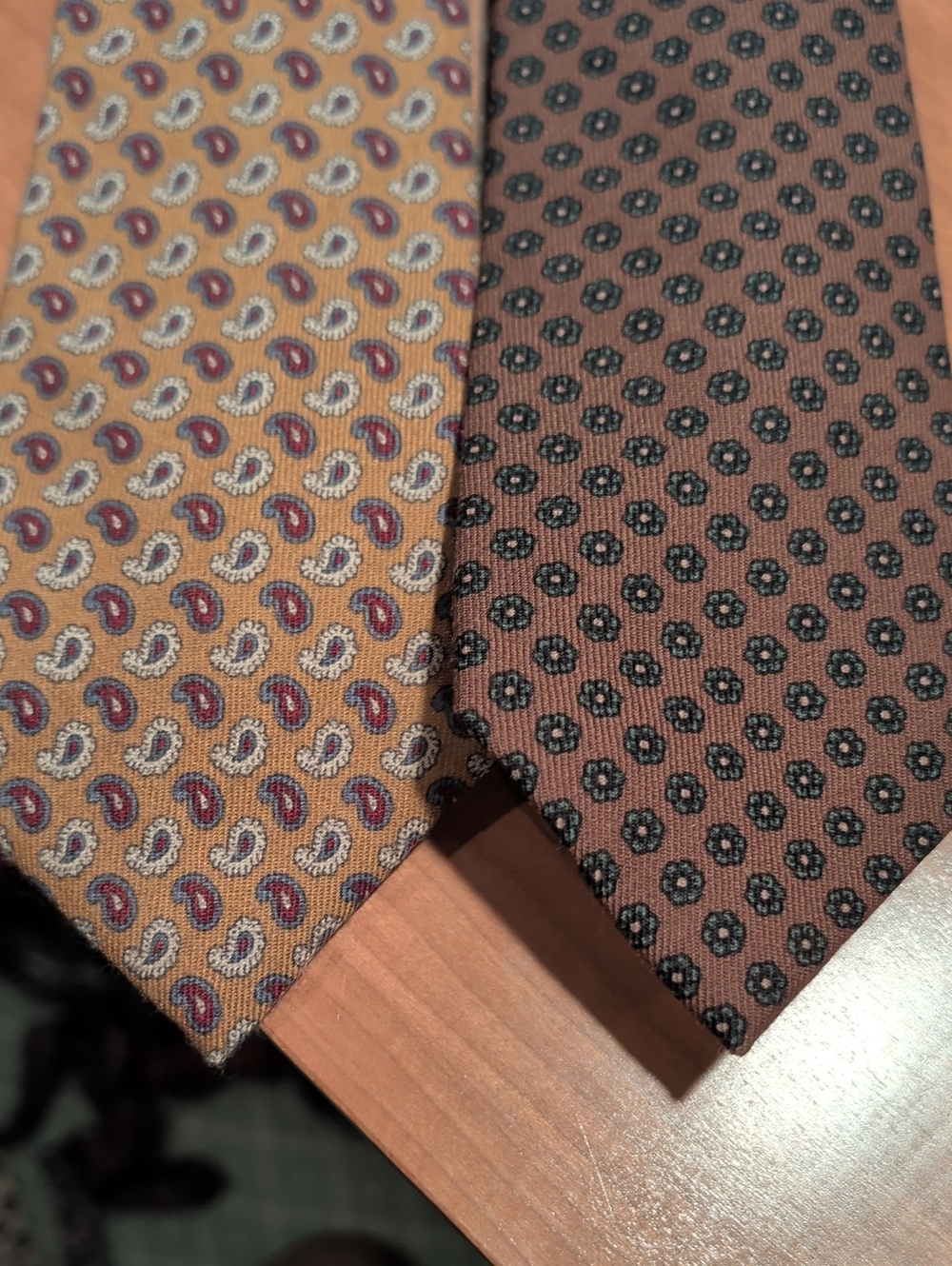 Men's Small Patterned Silk Ties - Gold and Brown. Thin Ties.  Paisley & Floral